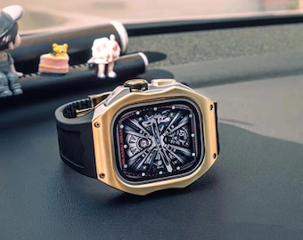 Apple Watch ULTRA 49mm LUXURY GOLD Case, High Quality Watch Ultra 49mm Case, Stainless Steel Apple Watch 49mm Cover with Rubber Strap