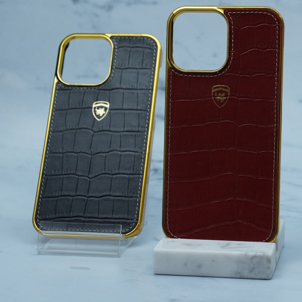 Gold iPhone 15 Pro & 14 Pro Max crocodile Leather Case / Customizable iPhone Case / 14 Series Leather iPhone Case, 15 Pro Max Leather Case