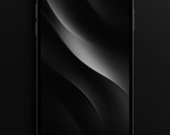 May include: A black smartphone displays a modern abstract wallpaper with flowing silver and black lines. The text "LUXE NOIR" and "MODERN ABSTRACT PHONE WALLPAPER" are visible. The design is a black and silver minimal aesthetic for iPhone, Android, and iPad.