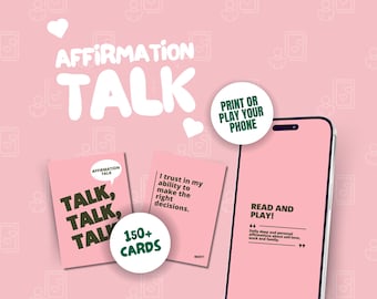 May include: Pink and green affirmation cards with the text "Talk, Talk, Talk" and "I trust in my ability to make the right decisions." The cards are part of a set of 150+ cards. A pink phone with the text "Read and Play!" is in the background.