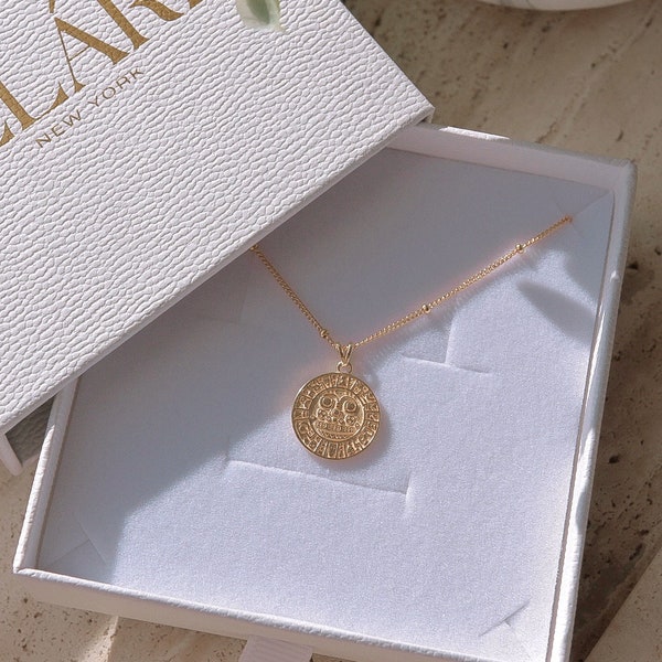 18k Gold Inca Sun Disc Necklace, Peru Jewelry, Gold Coin Necklace Pendant, Goddess Necklace, Gold Medallion Long Disc Necklace for Women