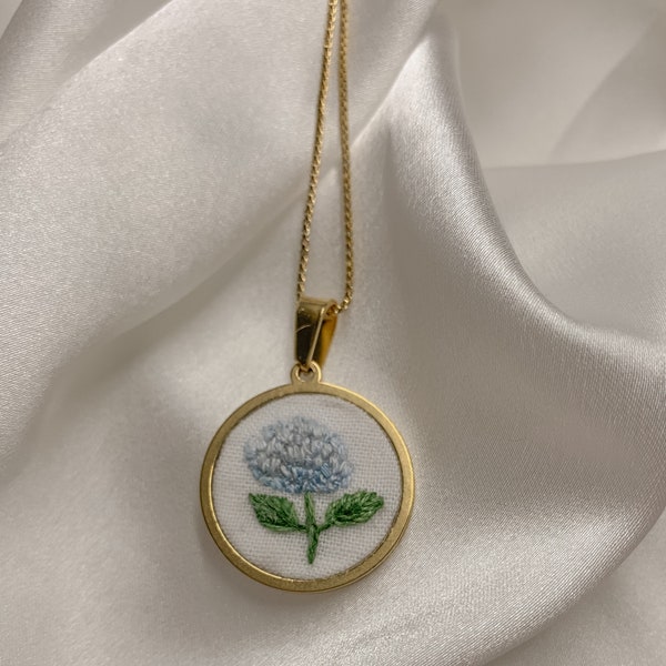 Lilac Hydrangea Embroidered Jewelry. Blue Hydrangea Embroidered. Floral Embroidery Necklace. Embroidered Necklace. Floral Pendant Necklace.