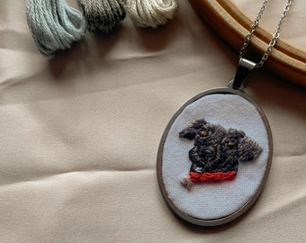 Pet Portrait Pendant. Embroidered Pet Portrait. Custom pet embroidery. Pet portrait. Pet pendant necklace. Hand embroidered jewelry.