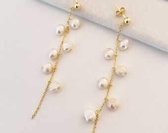 Orecchini Pendenti Argento 925 Con Perle D'acqua Dolce E Zirconi, A Goccia, Rodiati