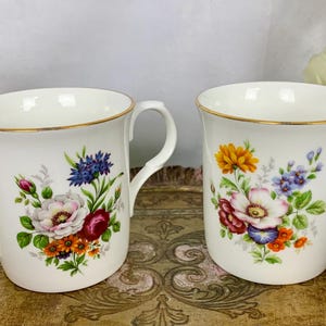 Vintage Crown Trent set of two china mugs with colorful floral bouquet