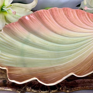 May include: A ceramic shell-shaped dish with a scalloped edge. The dish has a gradient of colours, transitioning from a light green base to shades of peach and brown. White flowers are in the background.