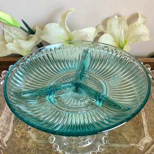 vintage Kig Indonesia Ultra Marine 8&quot; Relish Dish Turquoise Glass Art Deco Style Divided Platter Plate Three Section Tray