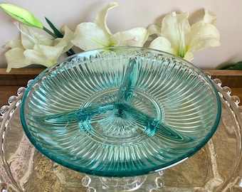 vintage Kig Indonesia Ultra Marine 8&quot; Relish Dish Turquoise Glass Art Deco Style Divided Platter Plate Three Section Tray