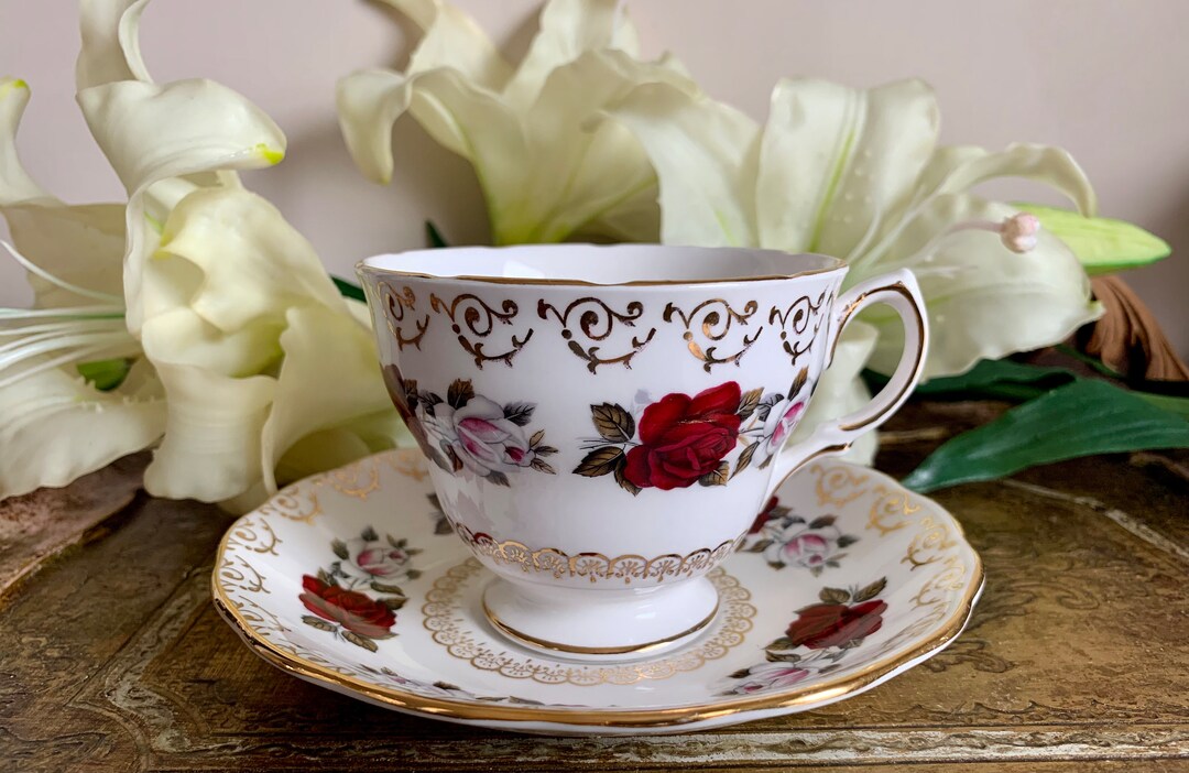 Vintage Colclough Red Rose Teacup and Saucer, White Rose, Gold Filigree ...