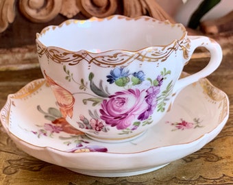Rare Antique Meissen hand painted cup and saucer circa 1850