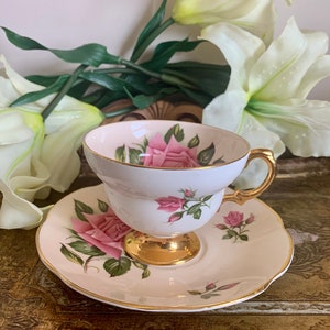 Vintage Rosina Peach Pink Englisch Rose Bone China Sockel Teetasse und Untertasse