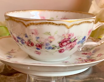 Rare Antique T.Haviland Limoges Bone China Made in France in 1893 hand painted teacup and saucer
