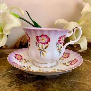VintageRoyal Albert Montrose Lavender Band Pink Floral Gold Trim Teacup and Saucer 4469
