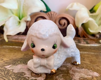 Vintage Anthropomorphic Lamb 1950 MCM Ceramic Pink Floral