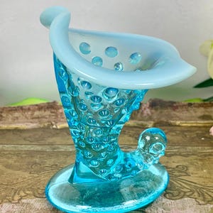 Vintage Fenton Glass Blue Opalescent Hobnail Cornucopia Horn Boot Candle Holder