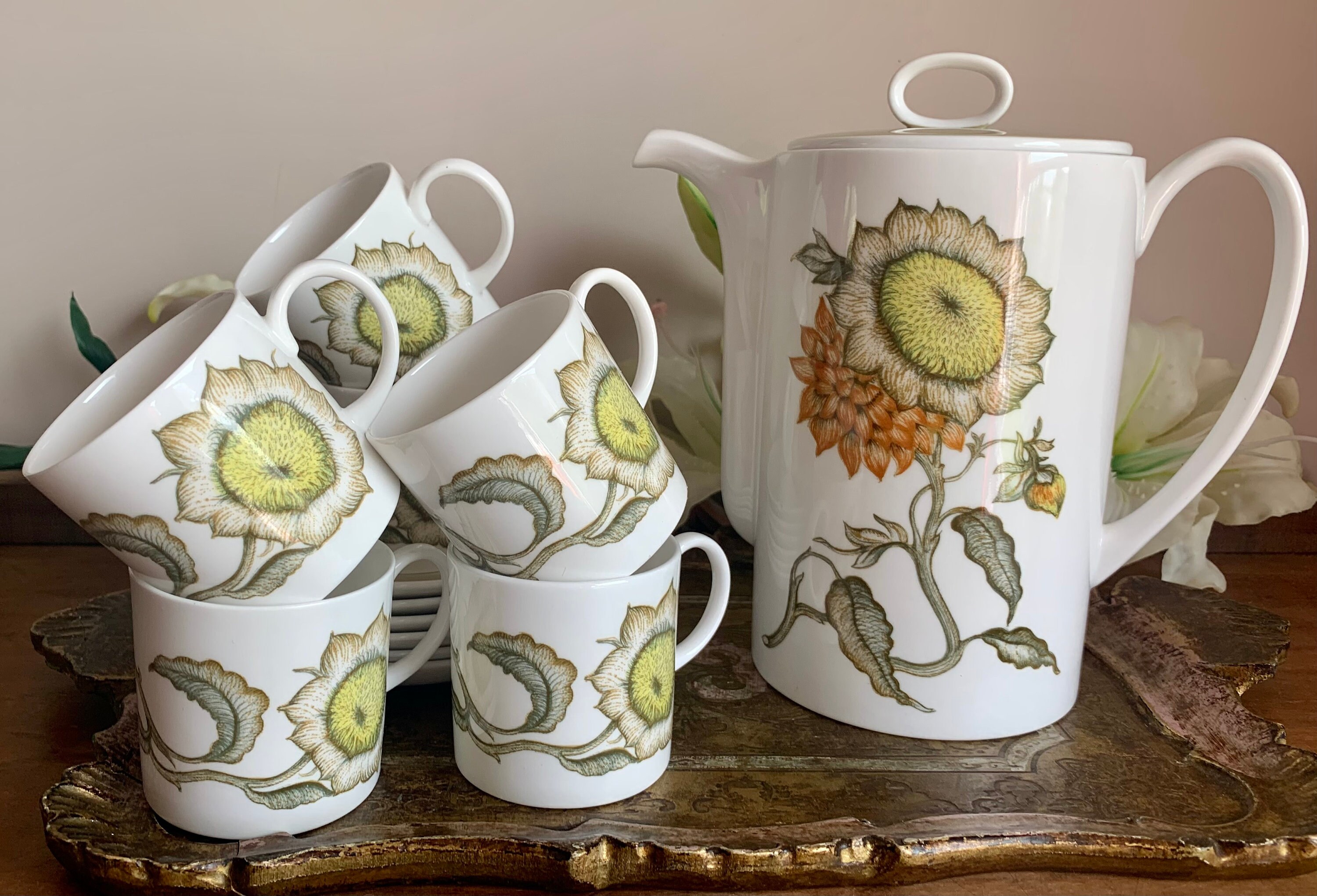 Vintage Susie Cooper Pre Wedgwood Sunflower Coffee Set for 6 Bone