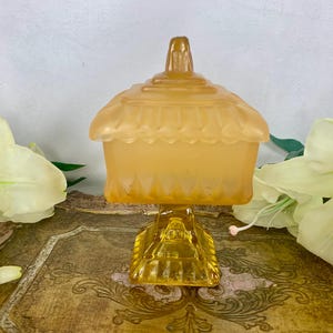 Vintage Jeannette Wedding Boxe Frosted Marigold Carnival candy dish/biwl with lid