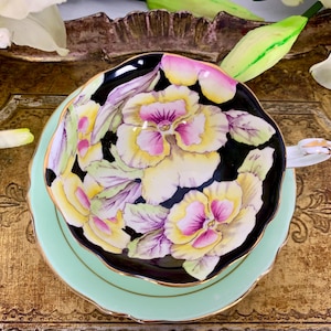 Vintage Paragon Pansy teacup and saucer mint green circa 1930