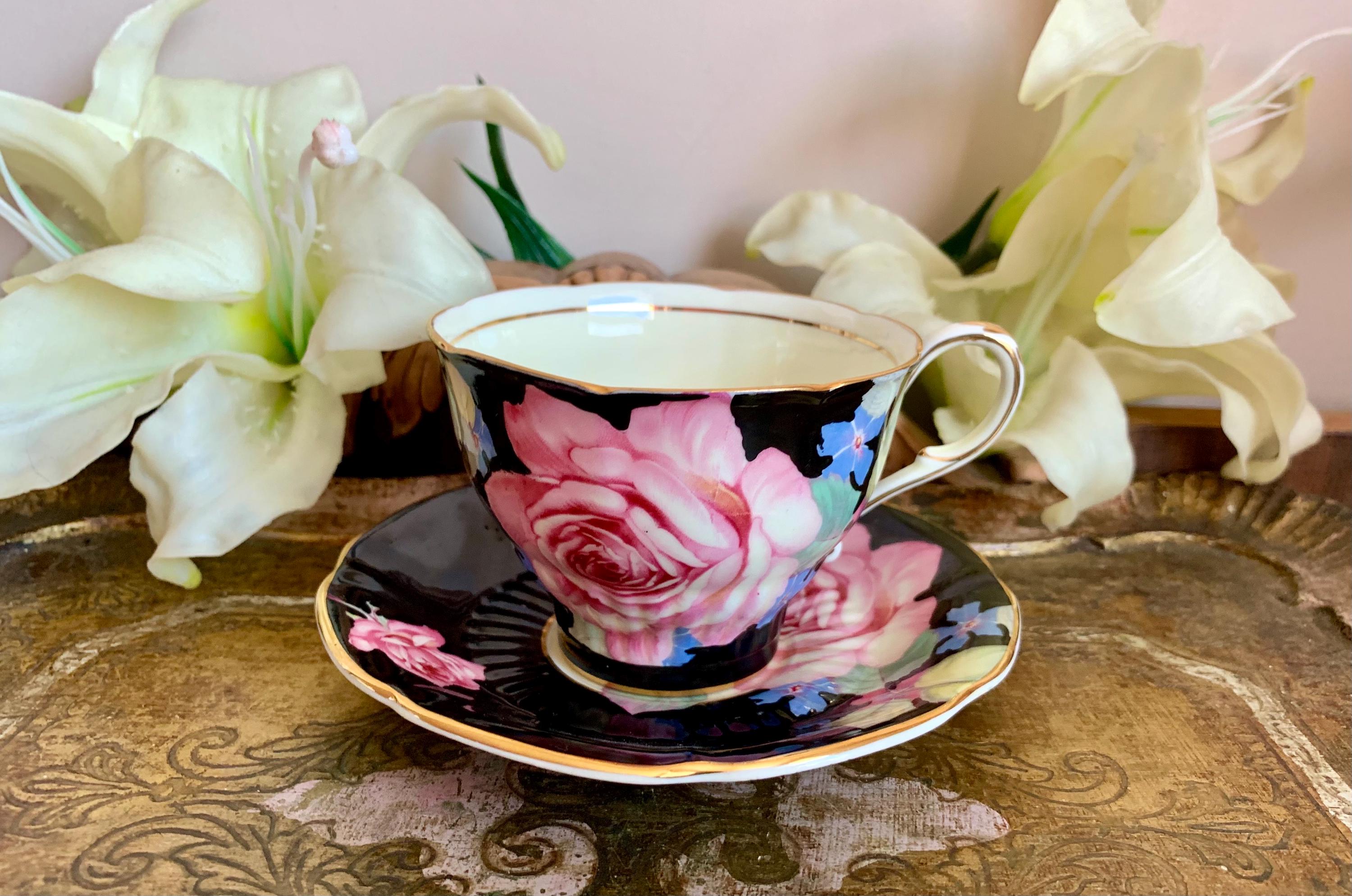 Rare vintage 1939-49 Paragon H.M Queen Elizabeth Black Handpainted tea cup and saucer with cabbage roses