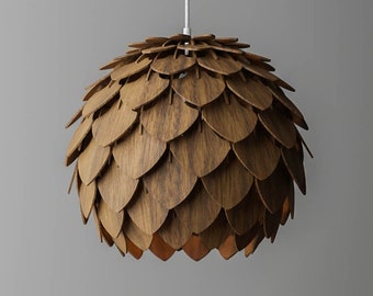 Luz de techo de madera colgante de nogal natural, lámpara de piña grande, pantalla de lámpara de madera, luz hecha a mano