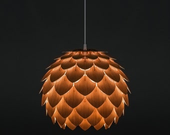 Lámpara colgante de madera de piña hecha a mano, pantalla de roble colonial