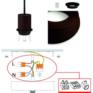 Pode incluir: Uma lumin&aacute;ria pendente castanho escuro com um dossel de teto, soquete e cabo a condizer. A imagem inclui um diagrama das liga&ccedil;&otilde;es el&eacute;tricas, e o texto "INCLUDED" &eacute; vis&iacute;vel num fundo vermelho.