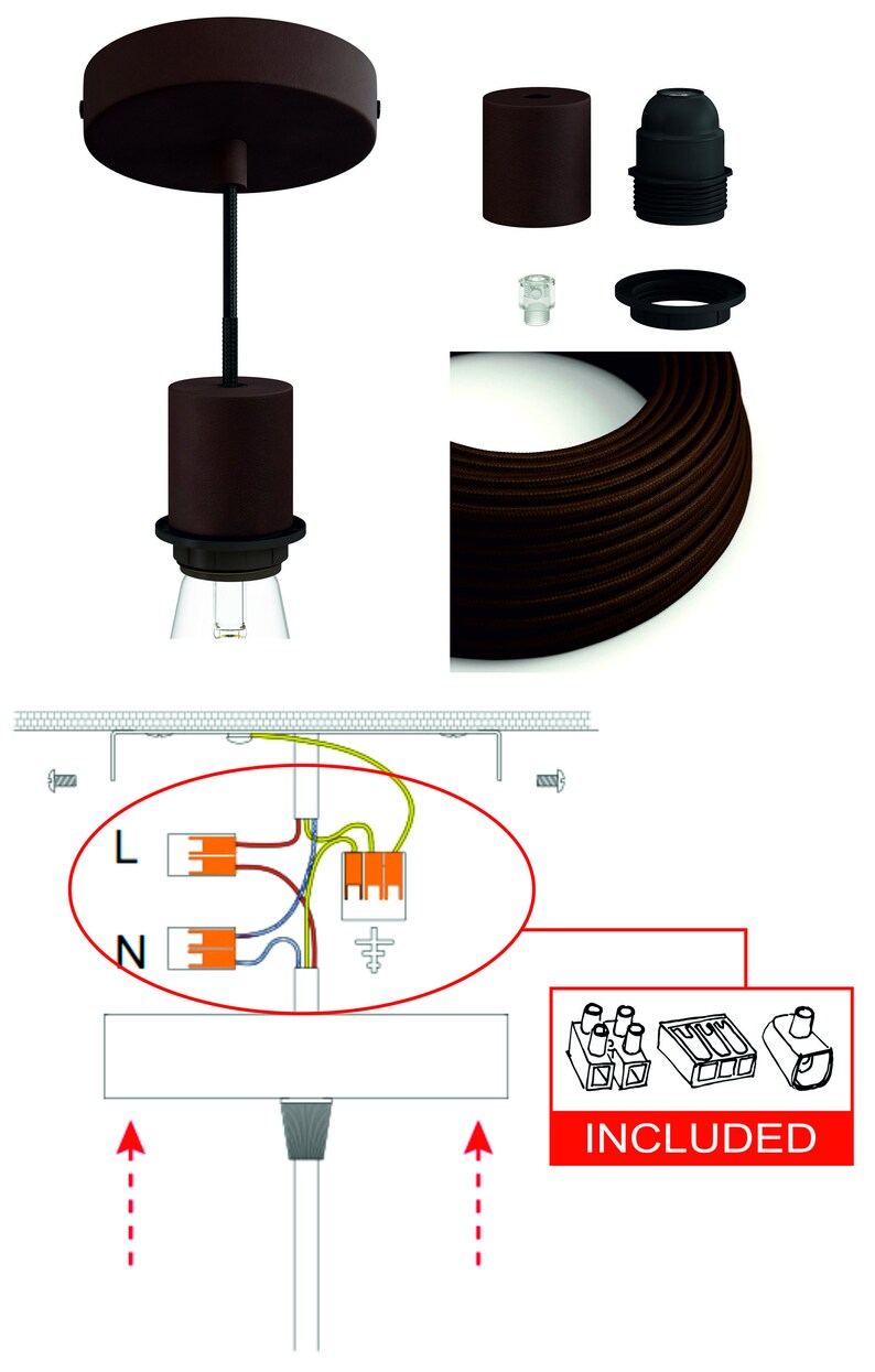 Pode incluir: Uma lumin&aacute;ria pendente castanho escuro com um dossel de teto, soquete e cabo a condizer. A imagem inclui um diagrama das liga&ccedil;&otilde;es el&eacute;tricas, e o texto "INCLUDED" &eacute; vis&iacute;vel num fundo vermelho.