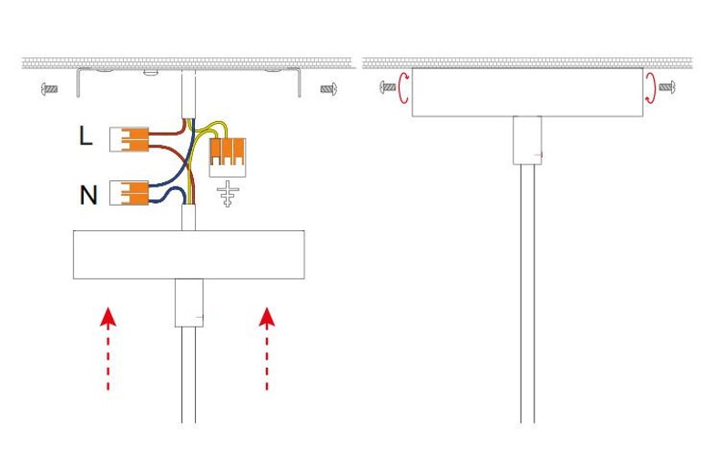 Pode incluir: Diagrama que ilustra as liga&ccedil;&otilde;es el&eacute;tricas para uma lumin&aacute;ria de teto. A imagem mostra a fia&ccedil;&atilde;o dos fios L, N e terra, juntamente com os detalhes de montagem e parafusos da lumin&aacute;ria. O diagrama &eacute; em preto e branco.