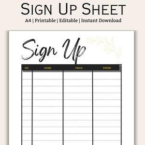 Editable Printable Sign up Sheet Sign up Sheet Sign up Organizer