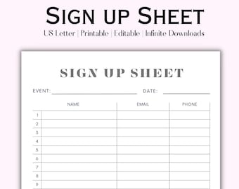 Editable Sign Up Sheet, Printable Single Sign Up form, Minimalist sign-up sheet, Sign Up Page layout,