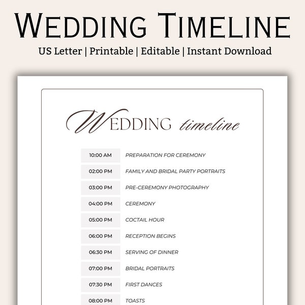 Editable Wedding Timeline, Editable Wedding Template, Wedding Sheet Printable, Wedding schedule, Wedding events, Instant download, US letter