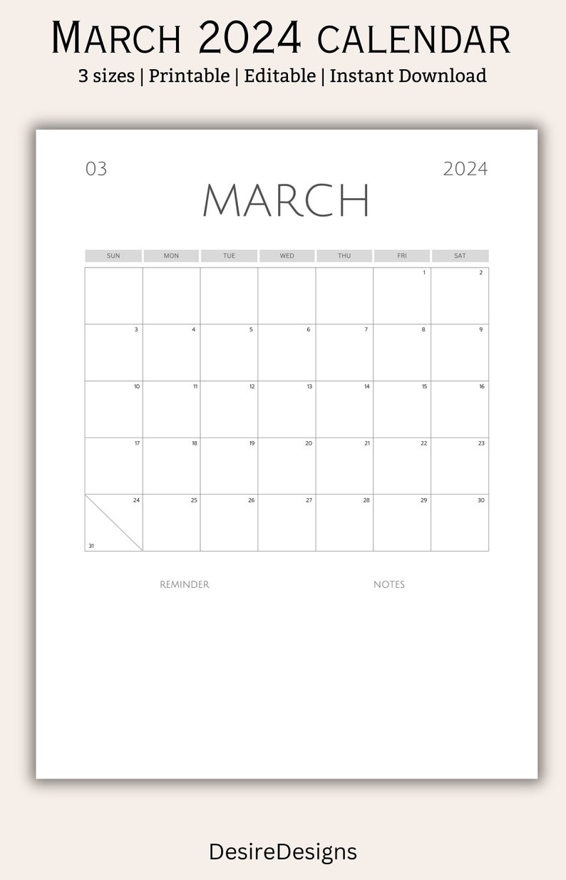March 2024 Calendar, March 2024 Schedule, Monthly Calendar, 2024