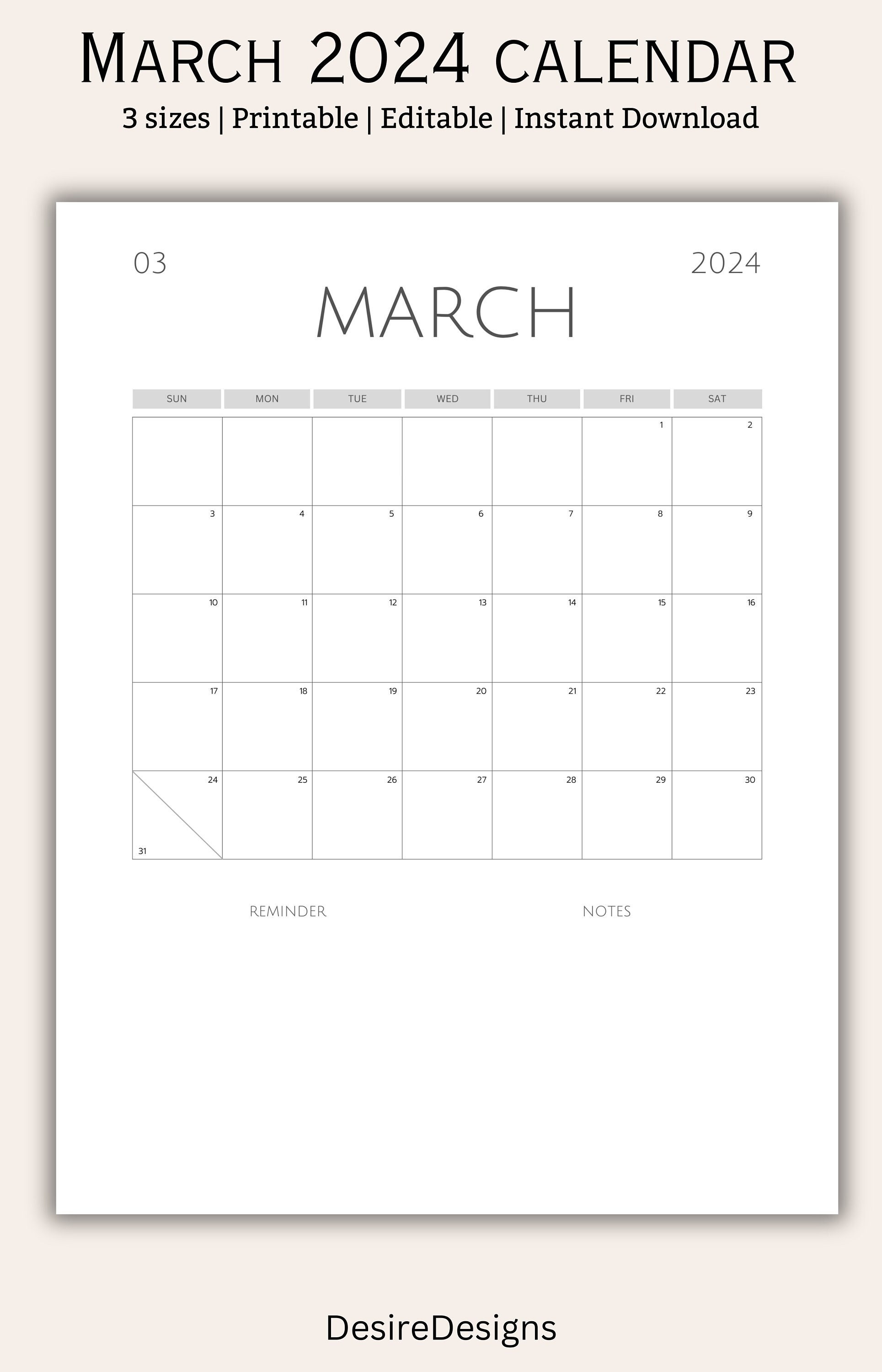 March 2024 Calendar, March 2024 Schedule, Monthly Calendar, 2024