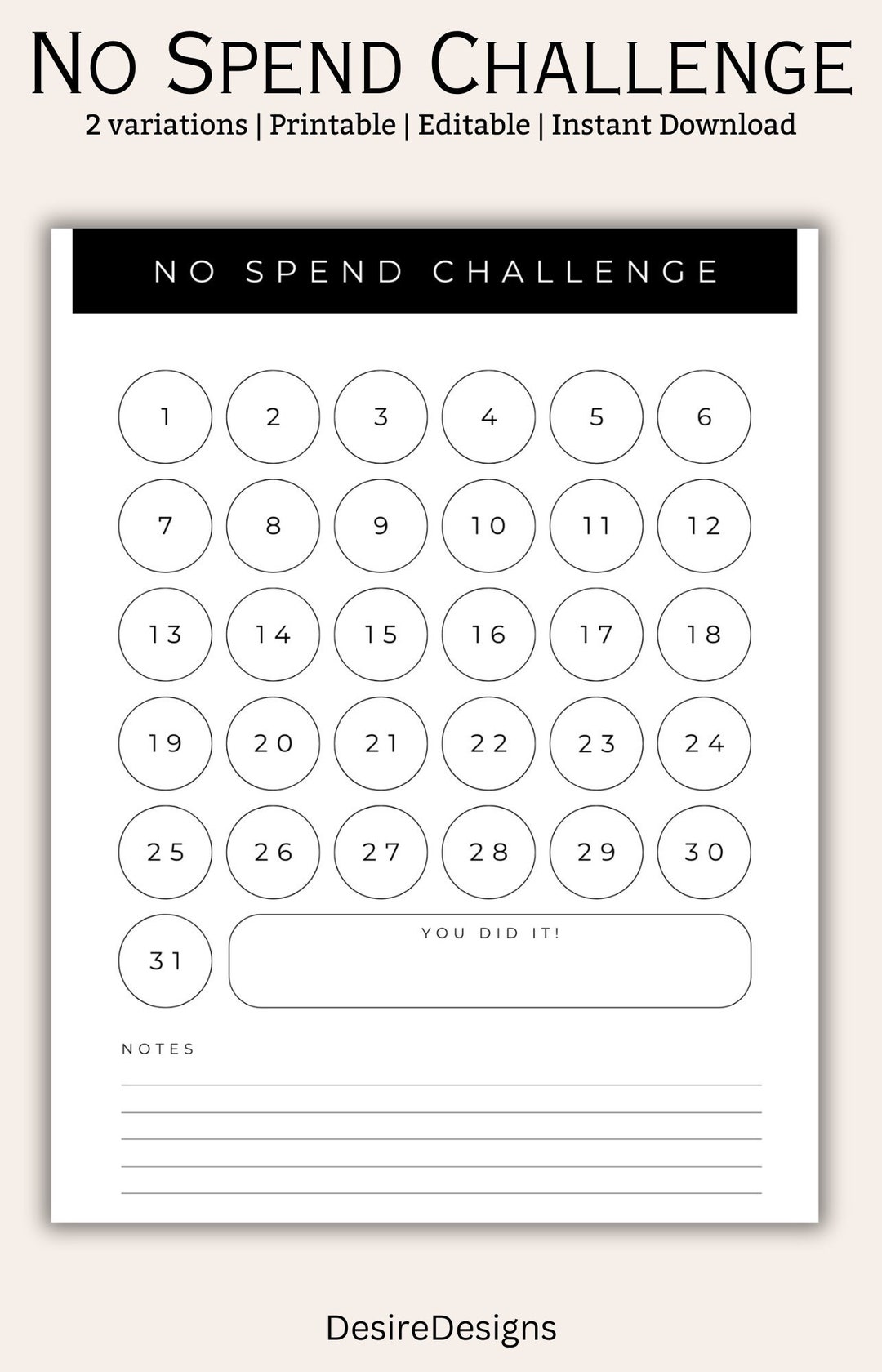 No Spend Challenge Printable Finance Challenge Budget Etsy