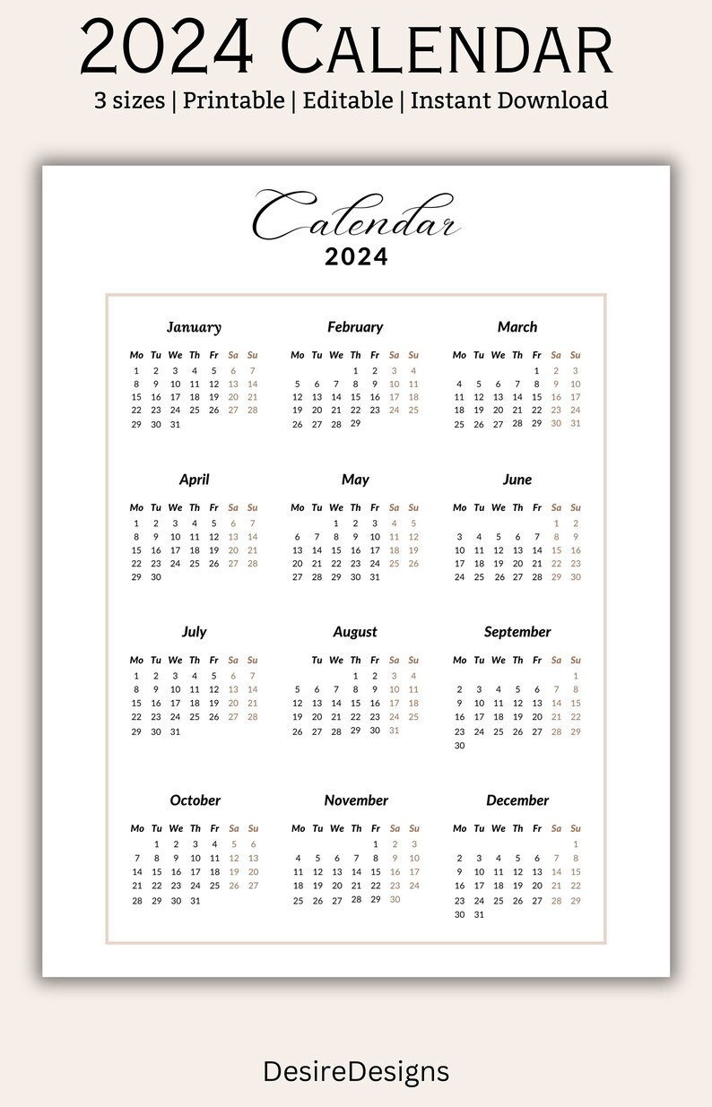 2024 Calendar, Yearly Calendar, 2024, Editable 2024 Calendar, Printable