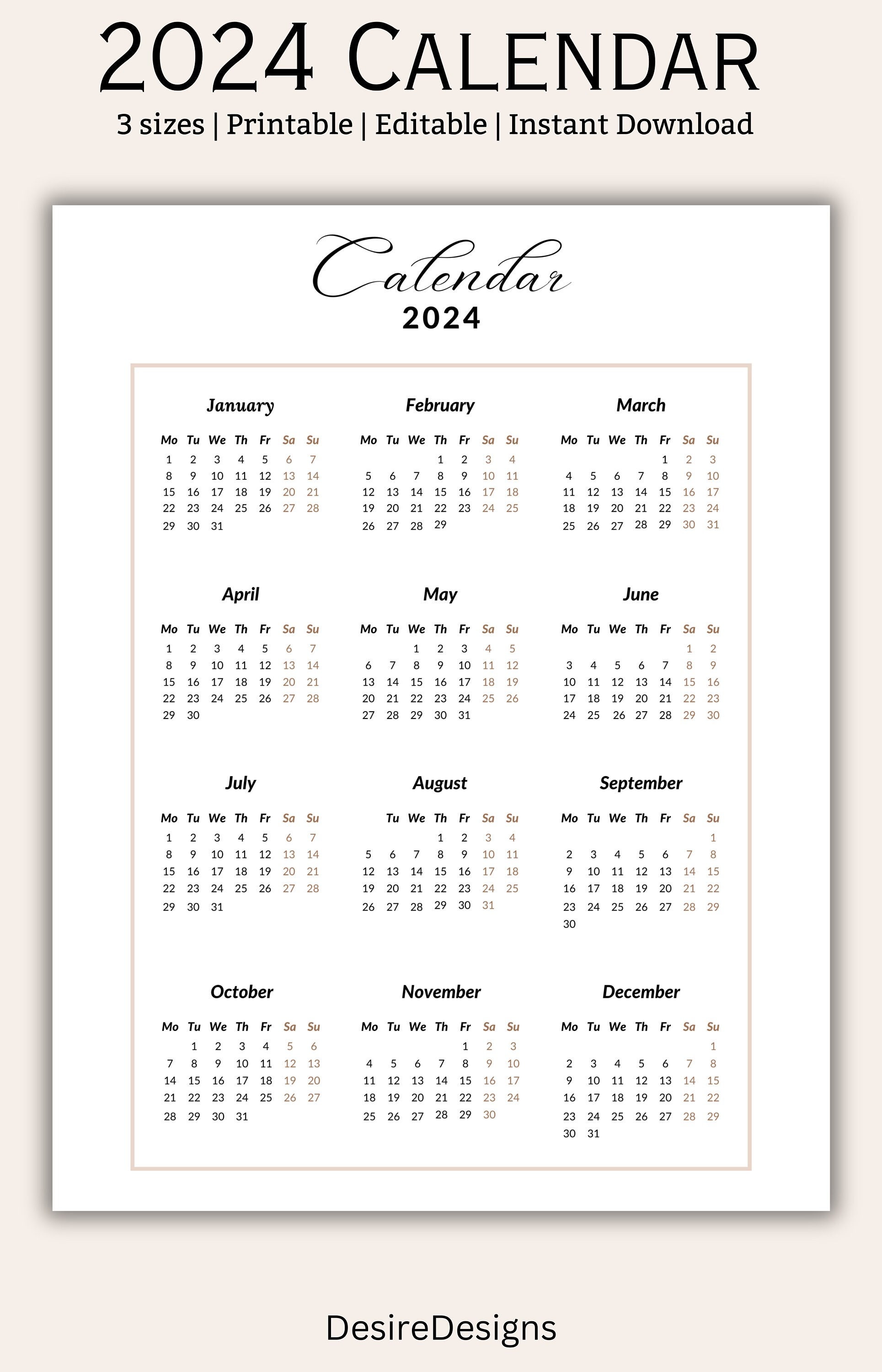 2024 Calendar, Yearly Calendar, 2024, Editable 2024 Calendar, Printable