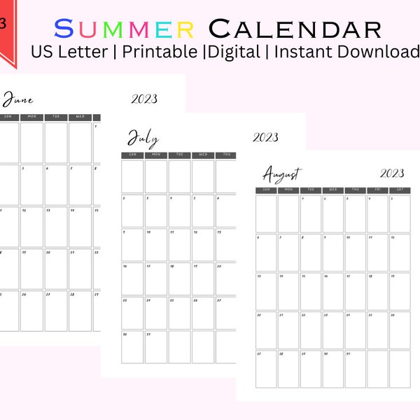 2023 Monthly Summer Calendars | June, July, August | Printable schedules | Editable | Digital use | Adobe Acrobat