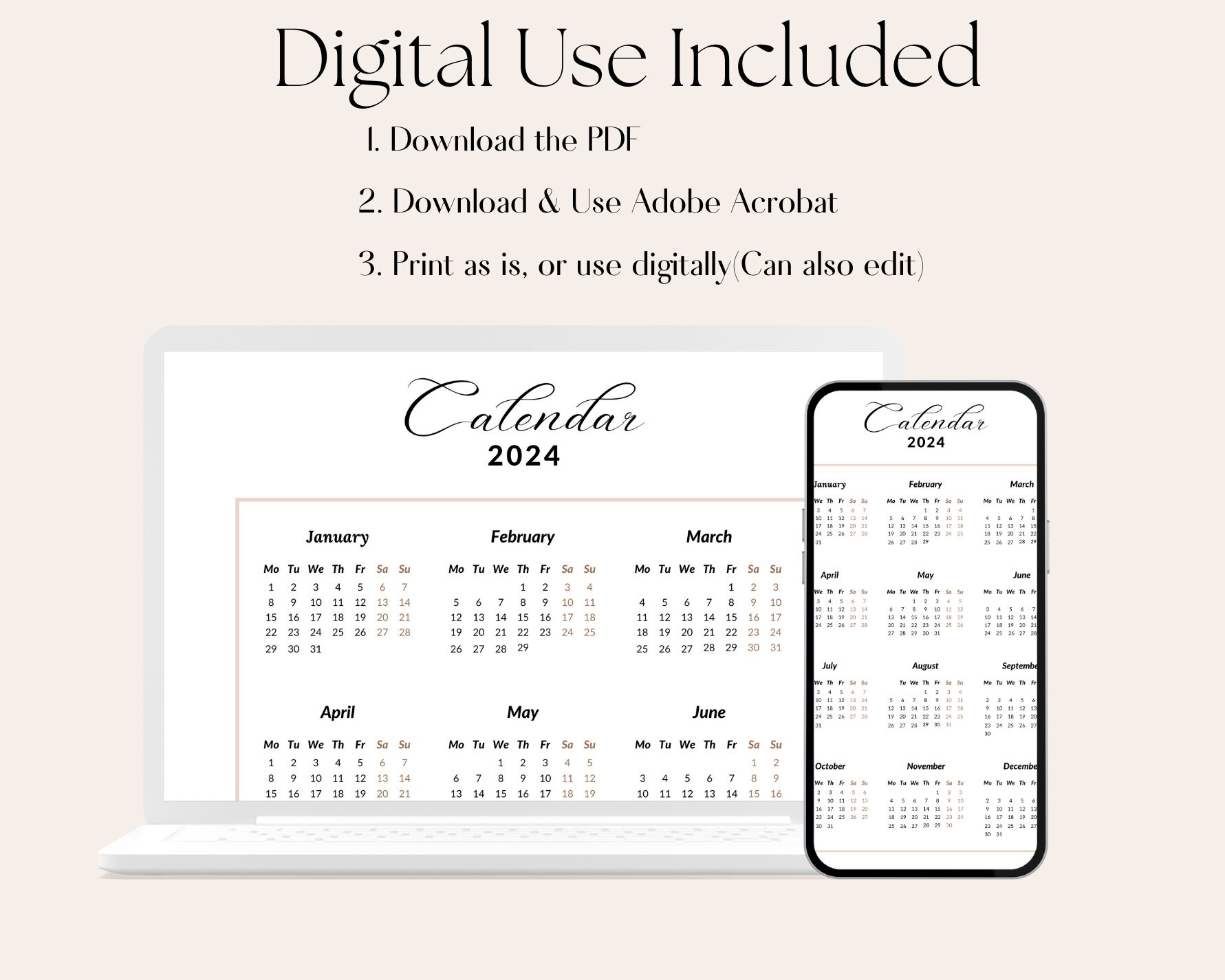 2024 Calendar, Yearly Calendar, 2024, Editable 2024 Calendar, Printable