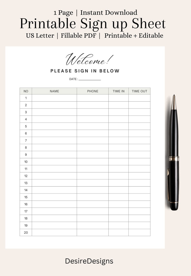Sign up Sheet Printable event Sign Up, Customer Sign Up, Minimalist ...