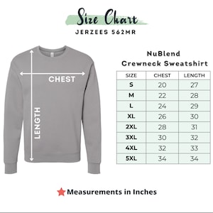 May include: Size chart for a NuBlend crewneck sweatshirt, showing chest and length measurements in inches for sizes S to 5XL.