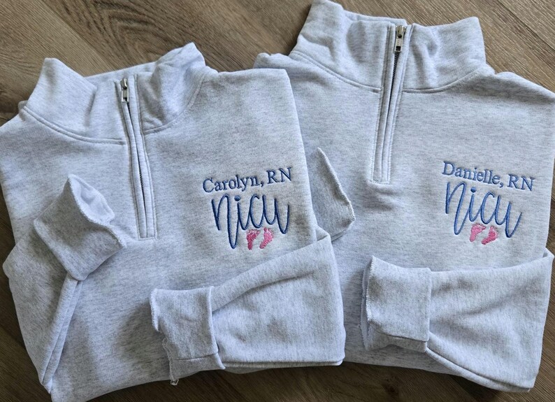 Ash sweatshirts with sky blue thread for the name/NICU and pink thread for the feet.