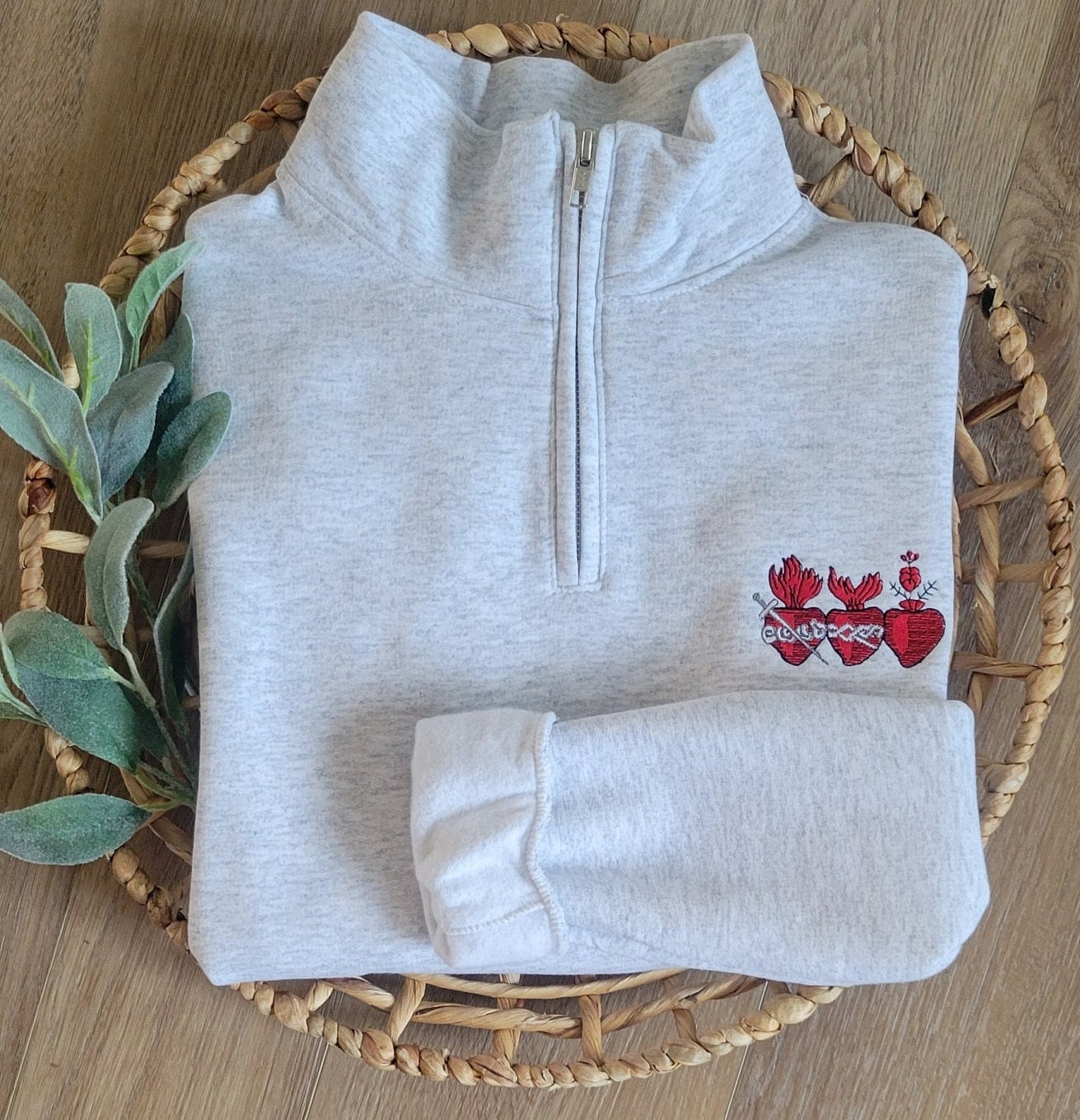 Sacred Heart of Jesus, Mary and Joseph Quarter Zip Pullover, Sacred Family Sweatshirt, Catholic Shirt, Catholic Gift, Holy Hearts Sweater