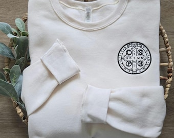 Catholic Gift for Women or Men, St. Benedict Medal Pullover Sweatshirt, Embroidered Catholic Sweatshirt, Saint Sweatshirt, Christian Sweater