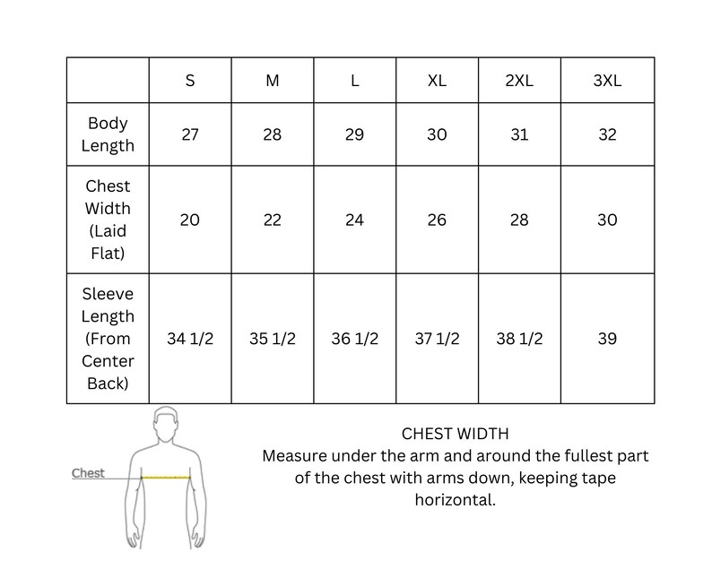 Pu&ograve; includere: Tabella delle taglie per un capo di abbigliamento con misure in pollici per la lunghezza del corpo, la larghezza del petto e la lunghezza della manica. La tabella include le taglie S, M, L, XL, 2XL e 3XL.