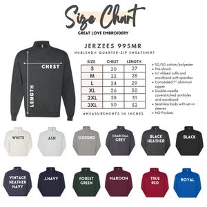 May include: Size chart for a quarter-zip sweatshirt with measurements in inches. The chart shows chest and length measurements for sizes S through 3XL. The sweatshirt is available in 10 colors: white, ash, oxford, charcoal grey, black heather, black, vintage heather navy, J.Navy, forest green, maroon, true red, and royal.