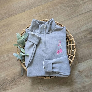 Sudadera con cremallera de un cuarto con lazo contra el cáncer de mama, camiseta contra el cáncer de mama, superviviente de cáncer de mama, regalo de concientización sobre el cáncer, sudadera de lucha contra el cáncer