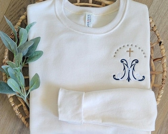 Catholic Mother&#39;s Gift - Custom Catholic Women&#39;s Clothing - Marian Monogram Women or Men Sweatshirt - Marian Devotion Apparel - Mother Mary