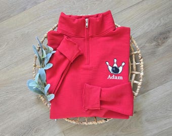 Bowling Quarter Zip Sweatshirt, Embroidered Bowling Pullover, Bowling Shirt, Bowling Coach Gift, Bowling League Team Sweater, Bowling Gift
