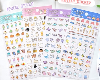 Kawaii Pixel sticker sheet with dinosaurs, desserts, cats, fish. cute Japanese style stationaries, perfect for scrapbook, gifts and diaries