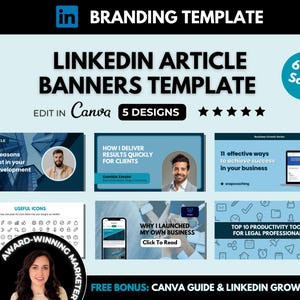 May include: A blue and white graphic design template for LinkedIn article banners. The template includes five different designs with text such as "5 key reasons to invest in your own development", "How I deliver results quickly for clients", "11 effective ways to achieve success in your business", "Why I launched my own business", and "Top 10 productivity tools for legal professionals".